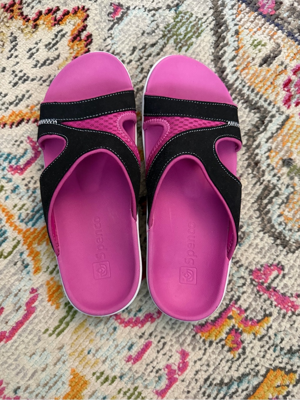 Spenco Women's Pink Slide Sandals with Black Accent Straps